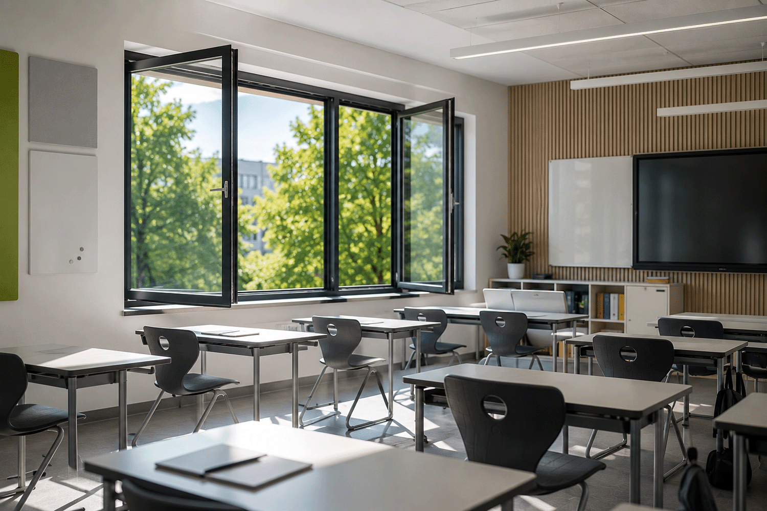 Symbolbild für ein Klassenzimmer in dem gelüftet wird