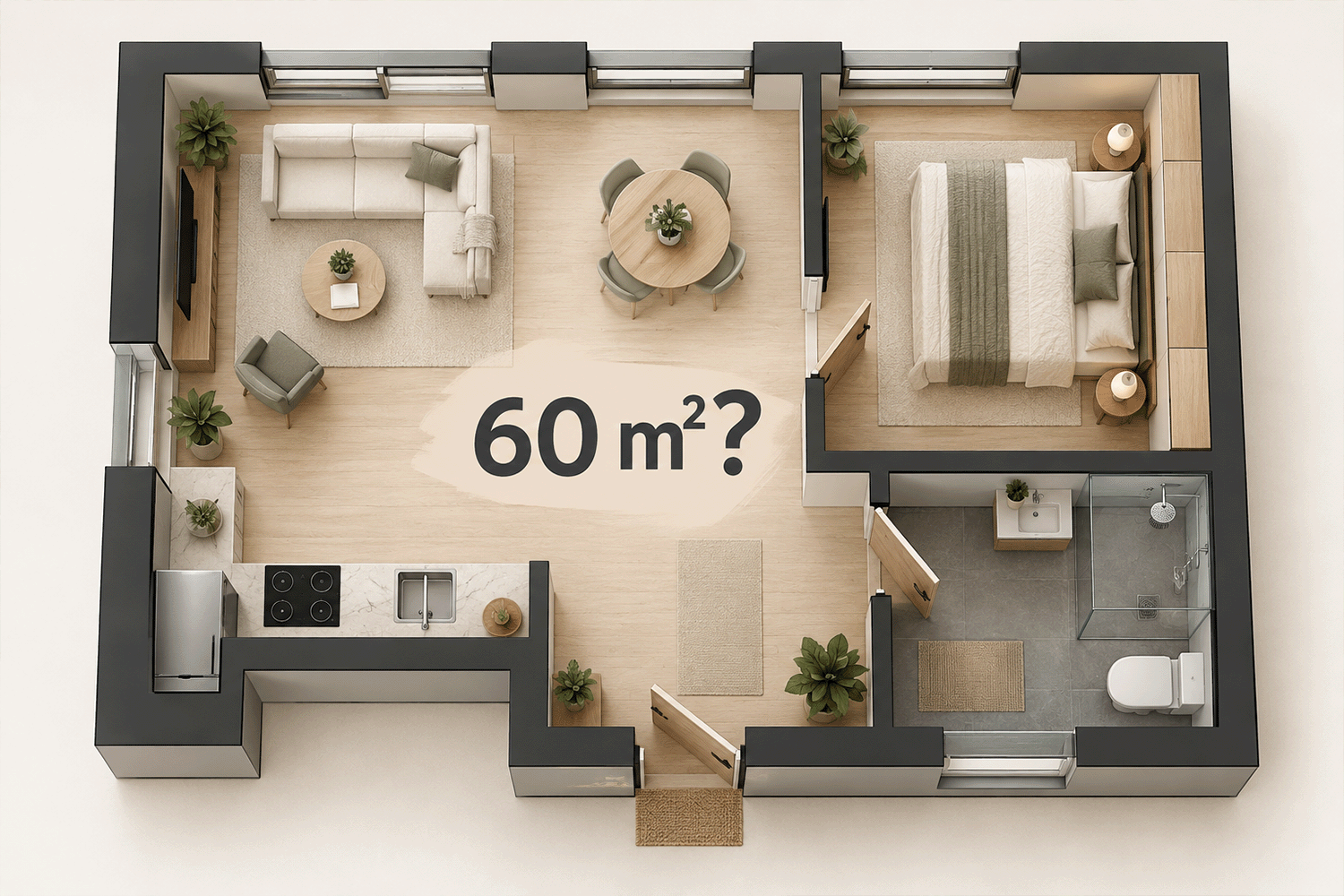 Grundriss einer Wohnung mit 60 Quadratmetern